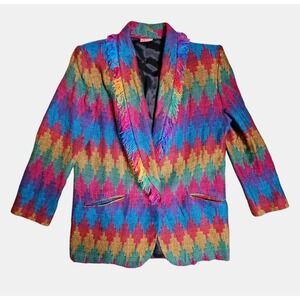Vintage Claude Rainbow Aztec Fringe Acrylic Blazer Clowncore M Pockets Lined